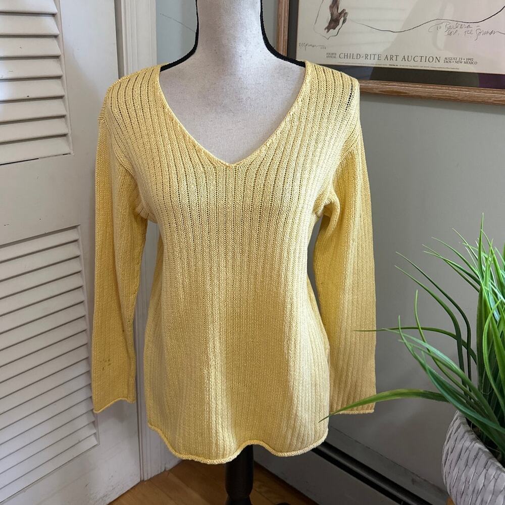 Vintage Eileen Fisher Sweater Large Yellow Ribbed Knit Cotton 90s Minimalist